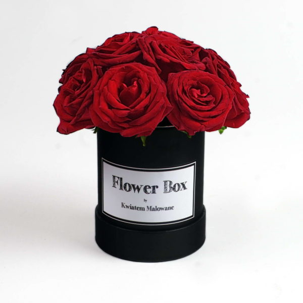 Flower Box Łódź - czarne małe okrągłe pudełko z kwiatami z czerwonymi różami