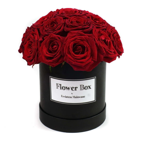 Flower Box Łódź - czarne średnie okrągłe pudełko z kwiatami z czerwonymi różami