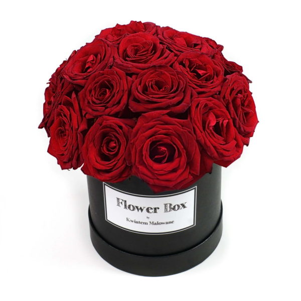 Flower Box Łódź - czarne średnie okrągłe pudełko z kwiatami z czerwonymi różami - widok 2