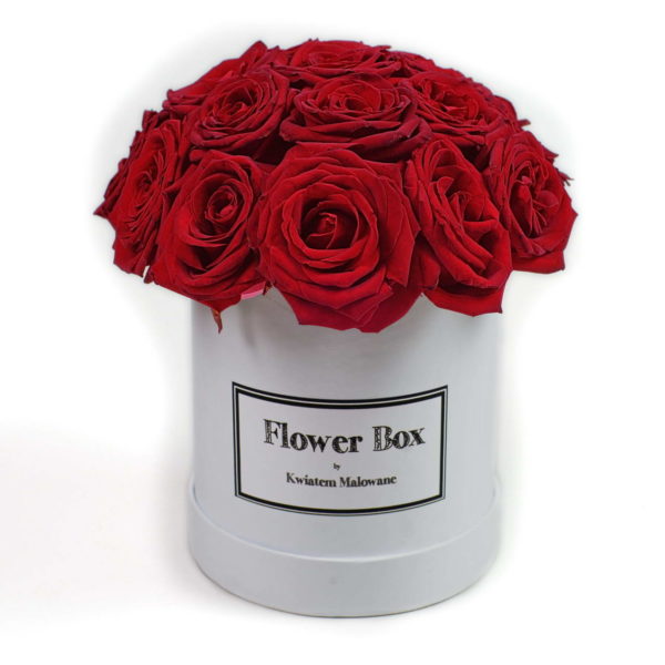 Flower Box - białe średnie okrągłe pudełko z kwiatami z czerwonymi różami