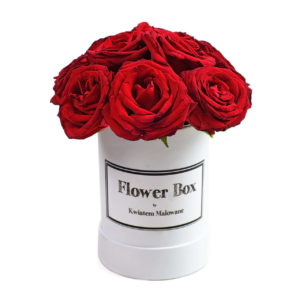 Flower Box Łódź - białe małe okrągłe pudełko z kwiatami z czerwonymi różami